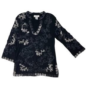 ONCE AGAIN Top M Black Embroidery Silver Ribbon-Soutache-Floral Long-Sleeve